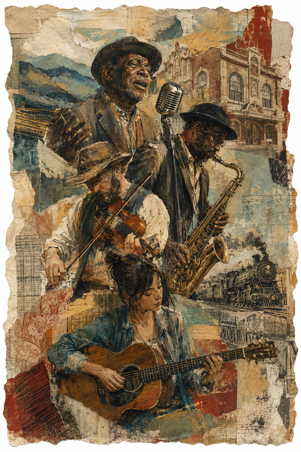 Mixed-media collage artwork weaving together blues, jazz, bluegrass, songwriting, rail history, and Chattanooga architecture